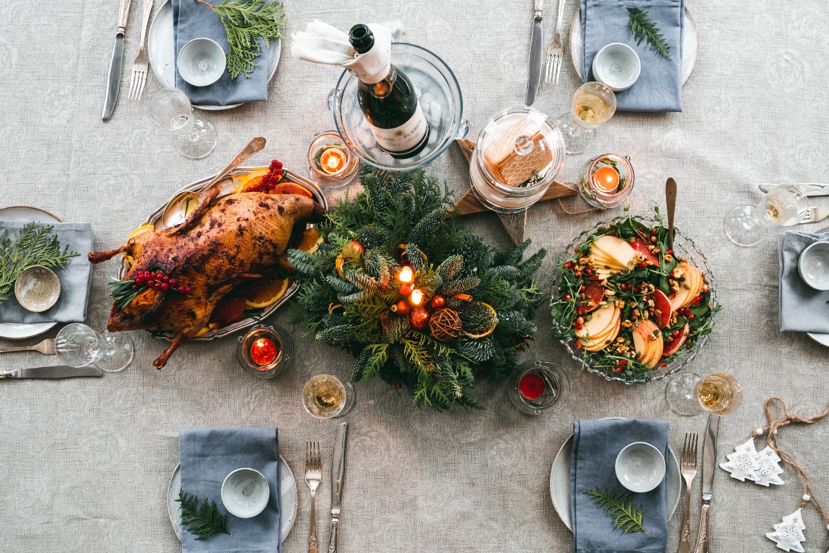 Christmas table setting with food