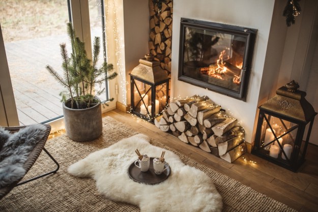 Cozy rustic living room design in winter