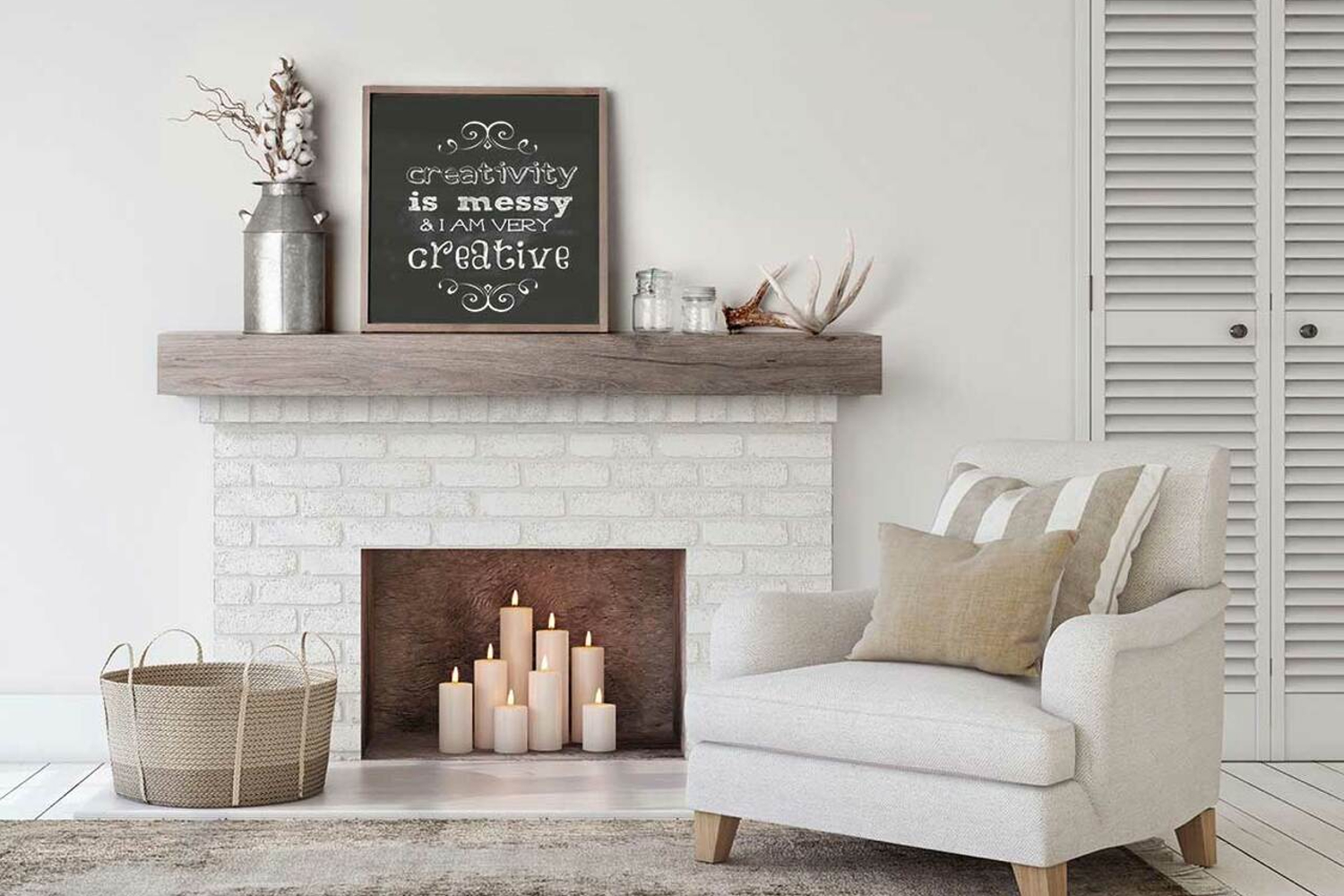Floating mantle with farmhouse decorations.