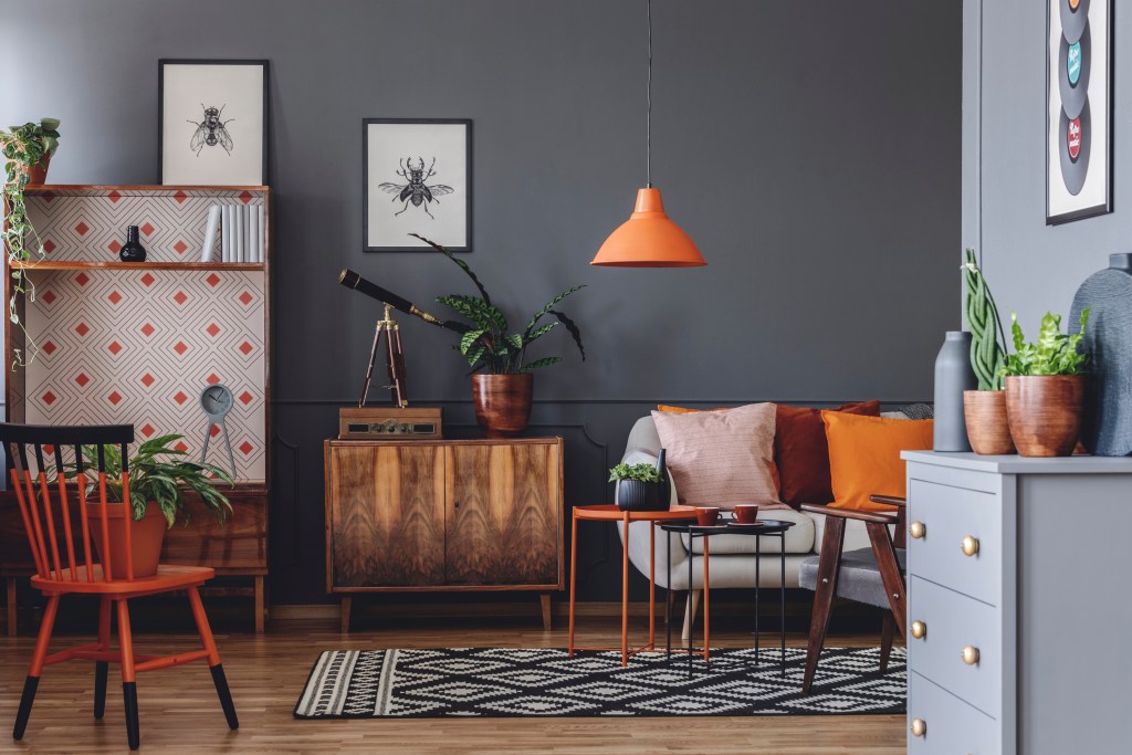 Gray and orange retro inspired living room