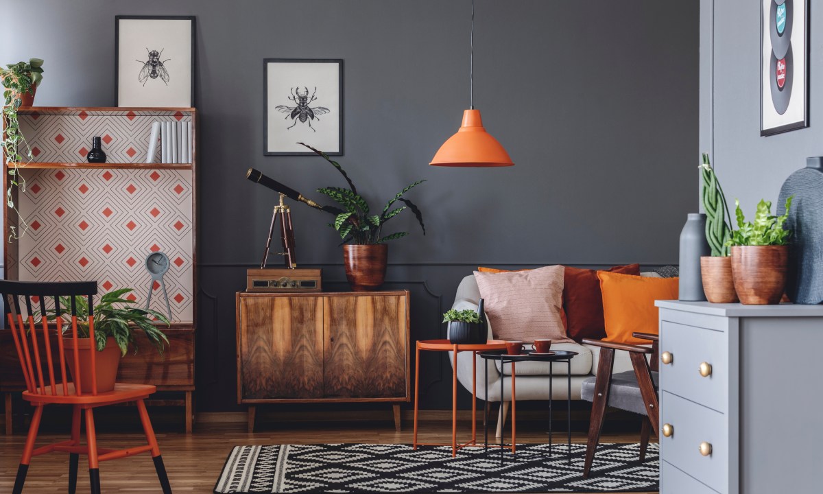 Gray and orange retro inspired living room