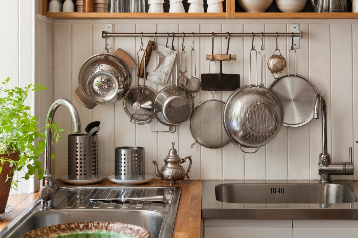hanging pots and pans in a kitchen