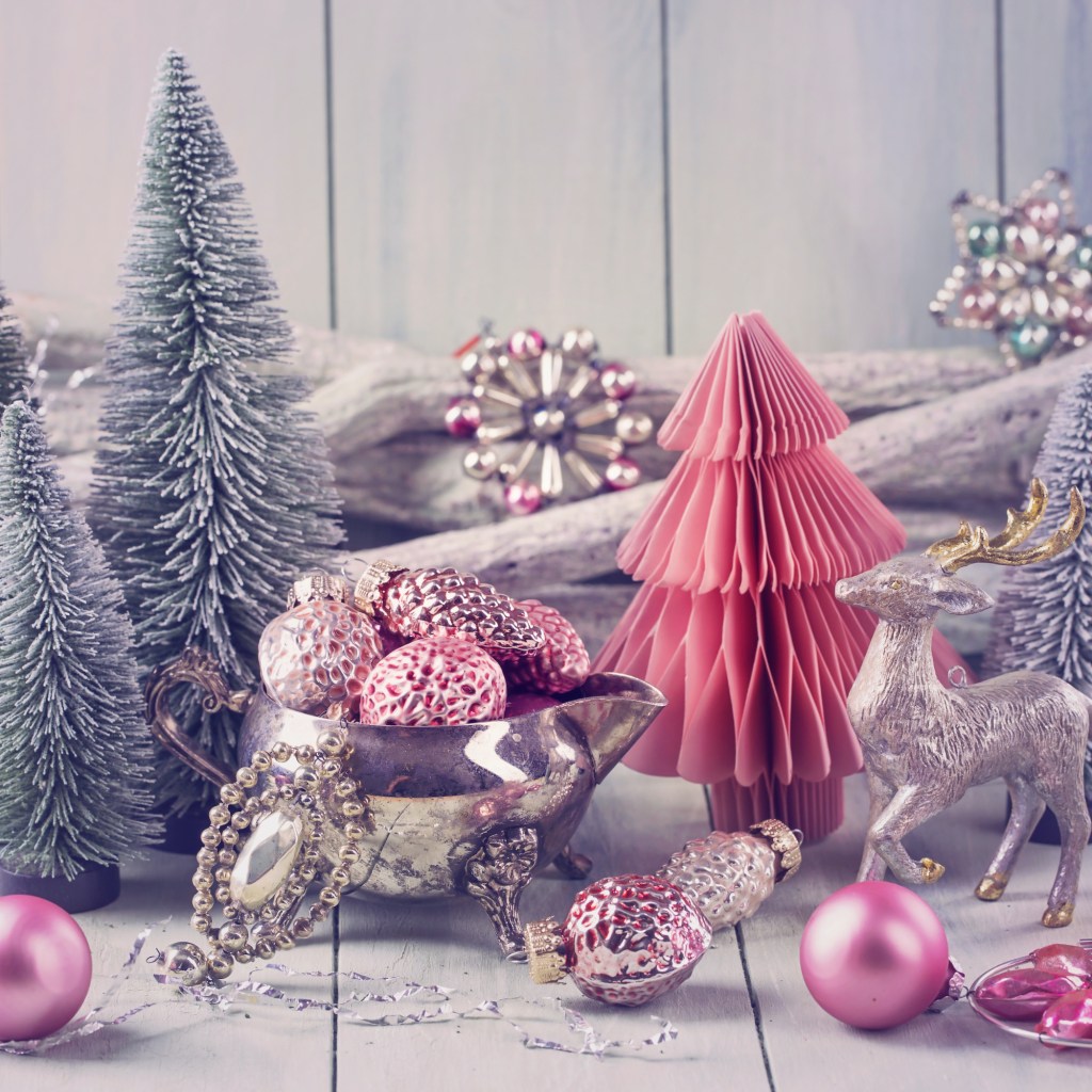 christmas tree setup in pastel colors