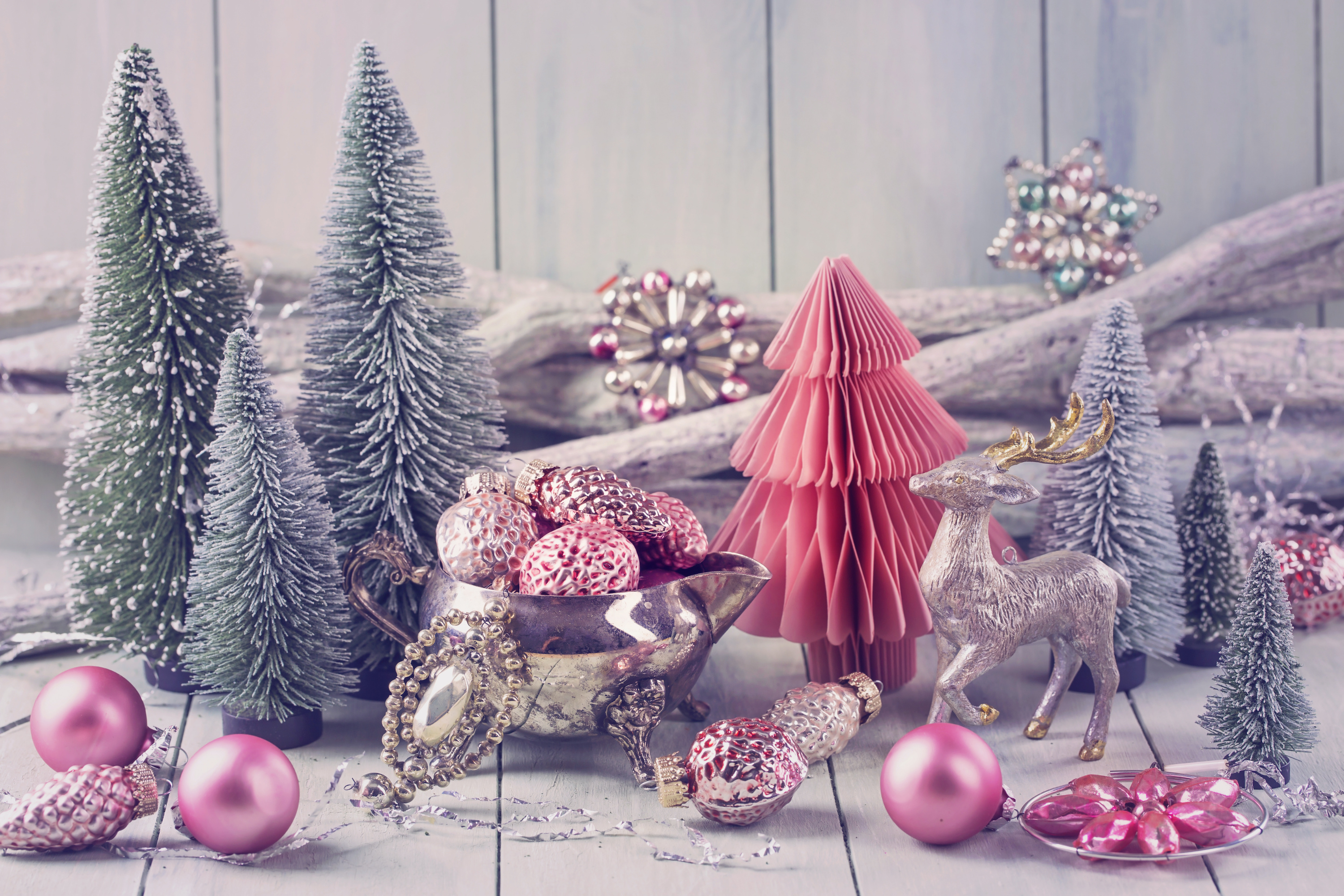 christmas tree setup in pastel colors