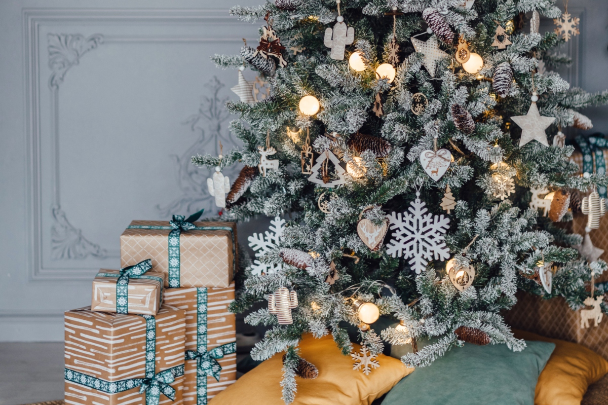 lower view of a snow-dusted rustic christmas tree