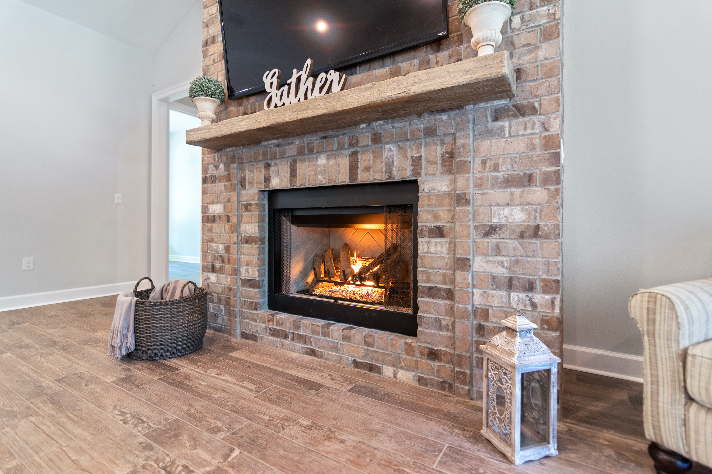 modern home with brick fireplace