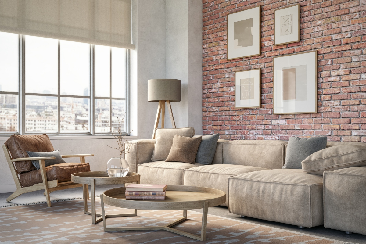 modern living room with exposed brick wall