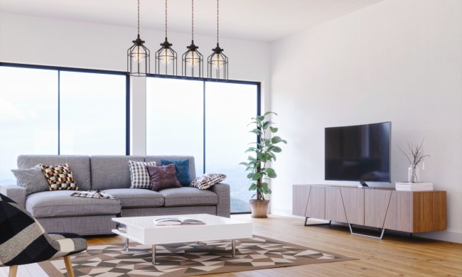 Modern living room with gray sofa plant decor and wood tones