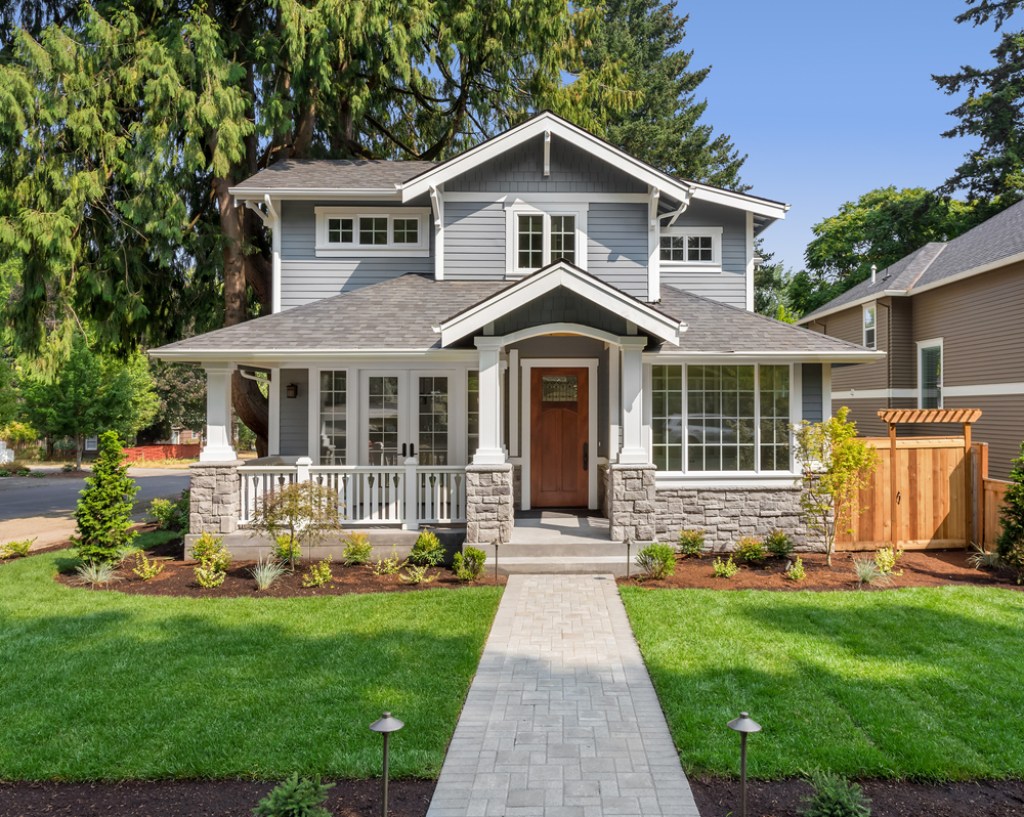 New suburban blue home with large front yard