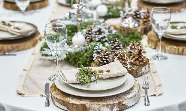 Table set with pine cones and pine branches