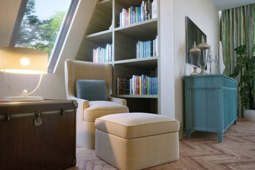 Reading nook in a bedroom with cozy chair and ottoman