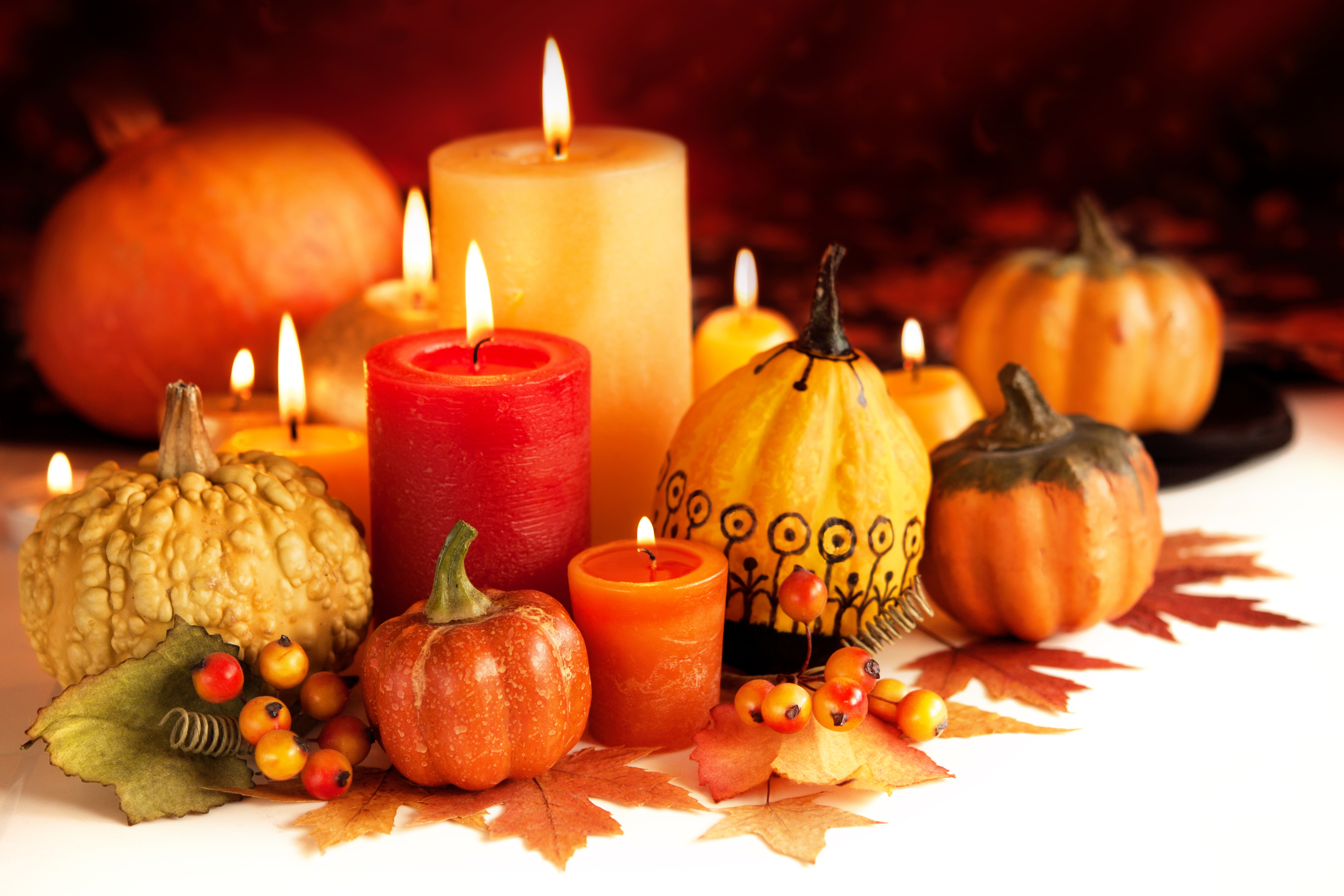 thanksgiving decor pumpkins and candles