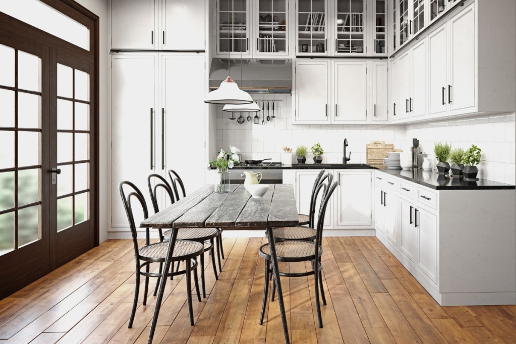 weathered wood flooring in a kitchen