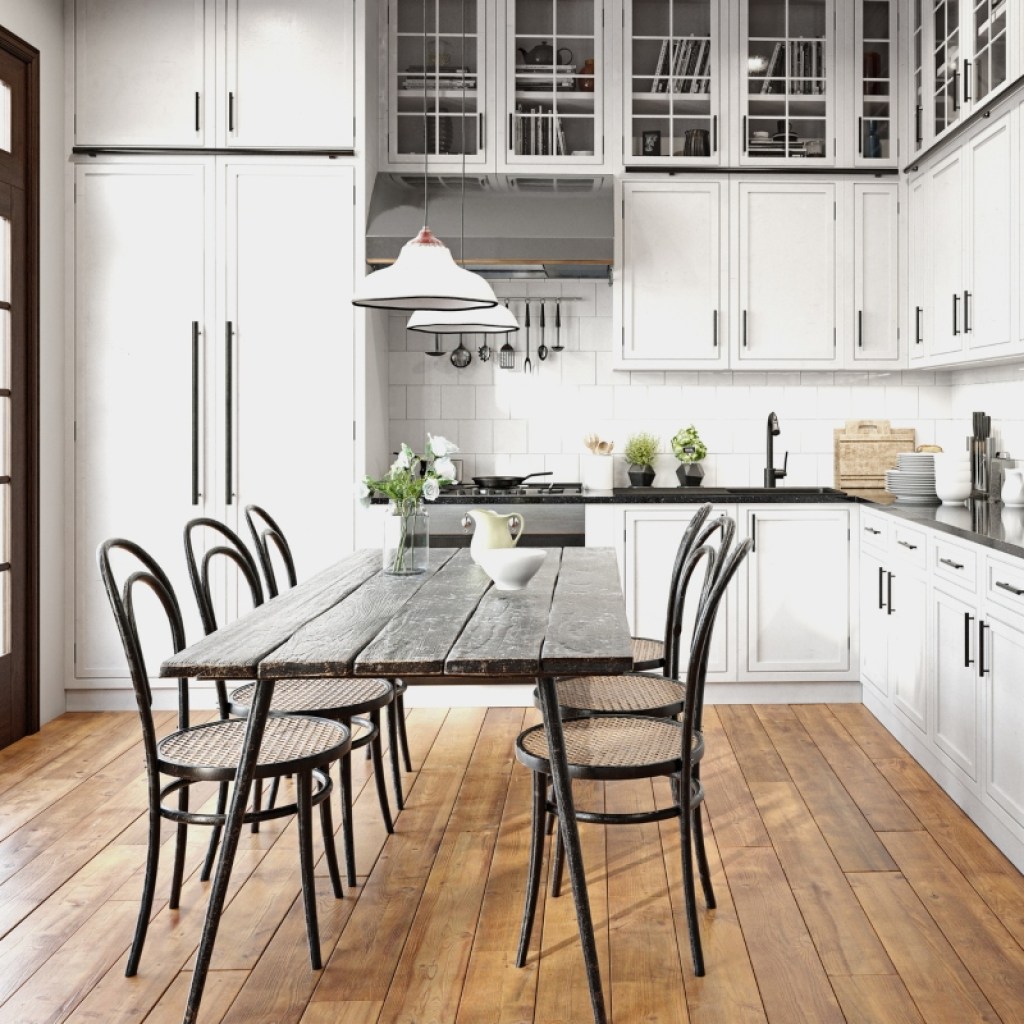weathered wood flooring in a kitchen