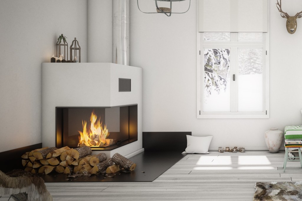 Modern and white Scandinavian home with fireplace