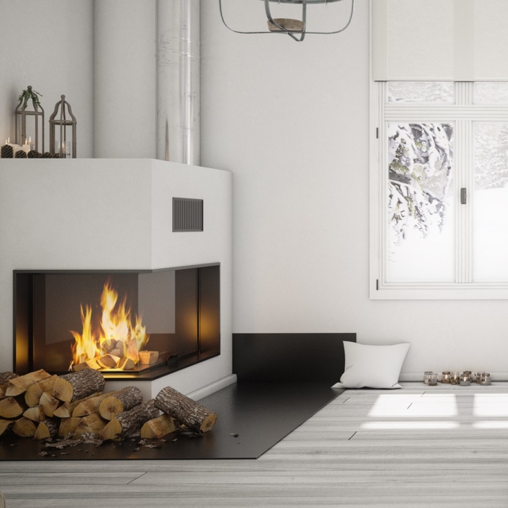 modern and white Scandinavian home with fireplace
