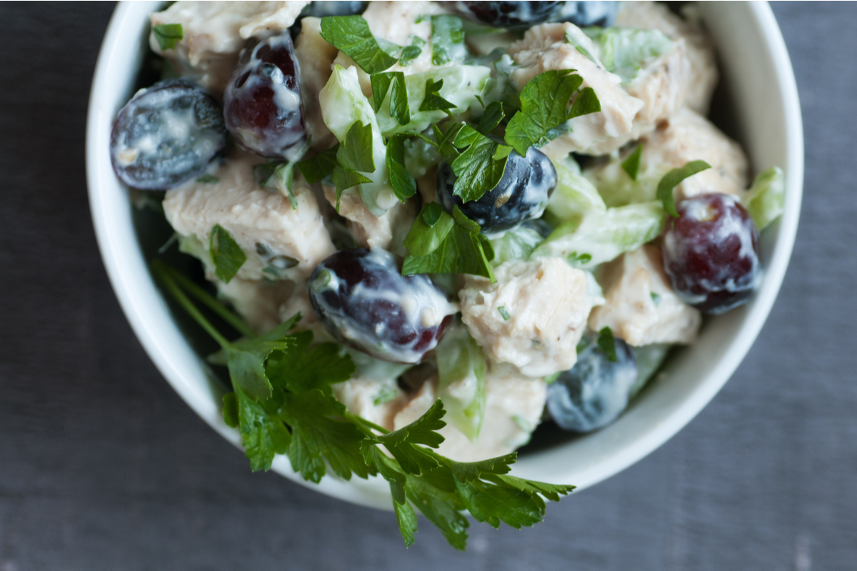 Chicken salad with grapes and celery in a bowl