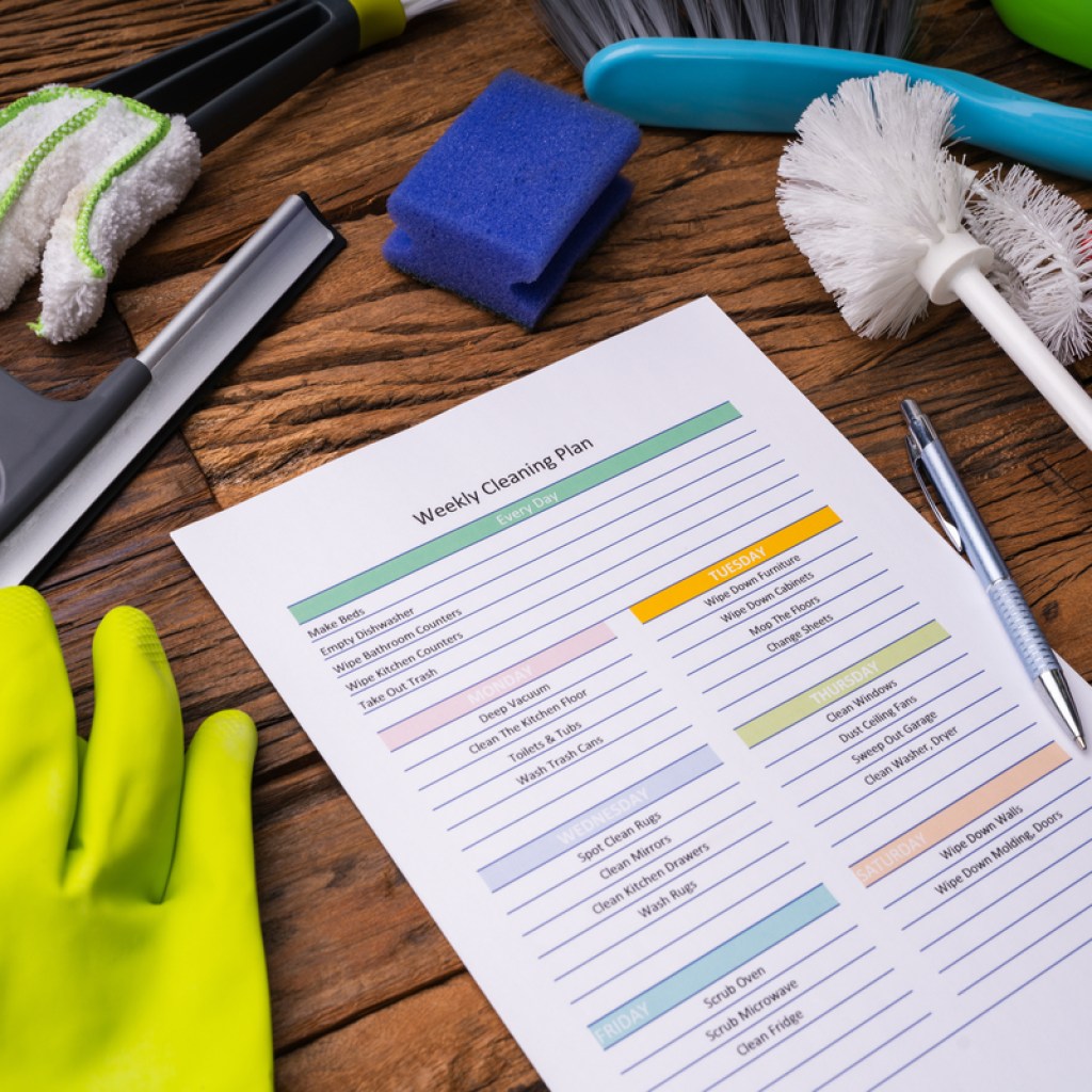 Cleaning supplies and checklist on a table