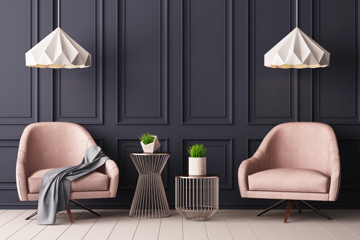 dark grey textured walls home design with pink chairs