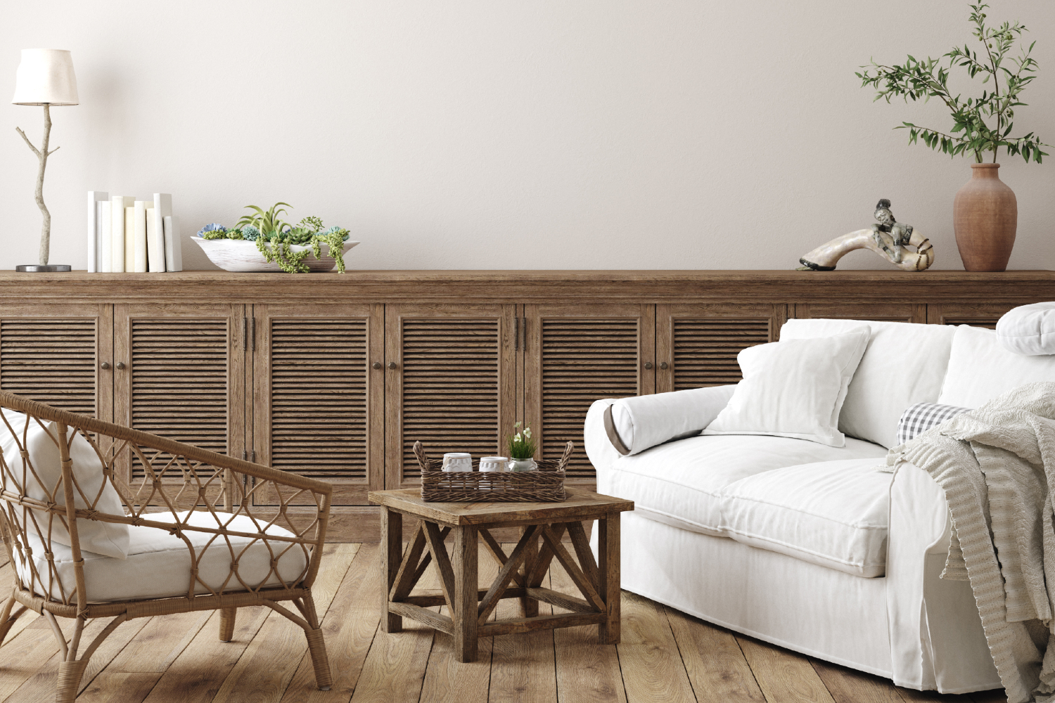 Farmhouse living room with wooden furniture.