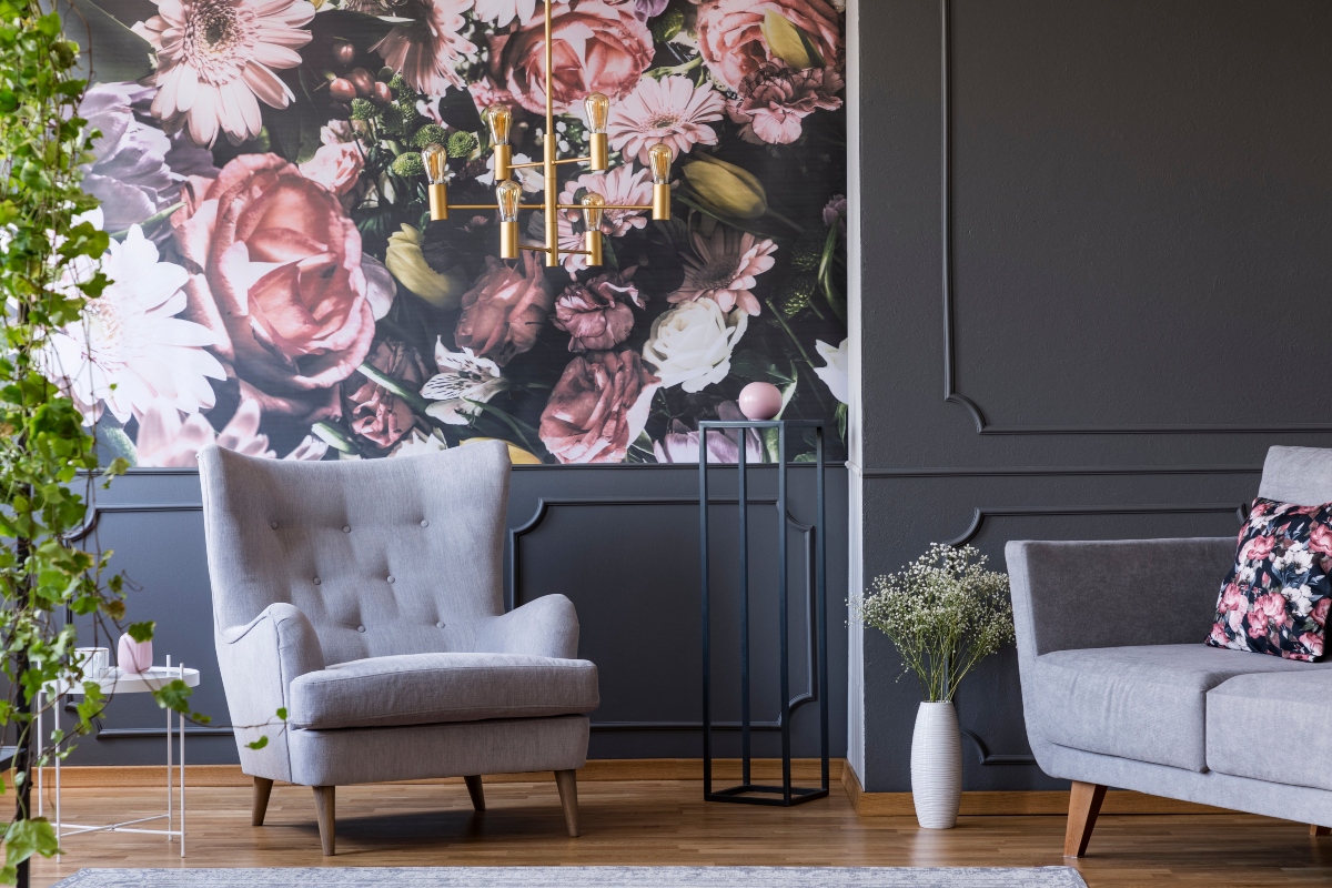 vintage floral wallpaper with grey chair