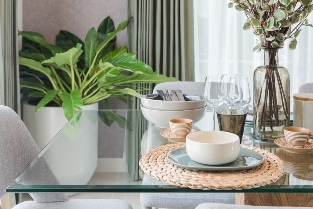 Glass tabletop with plants and decor