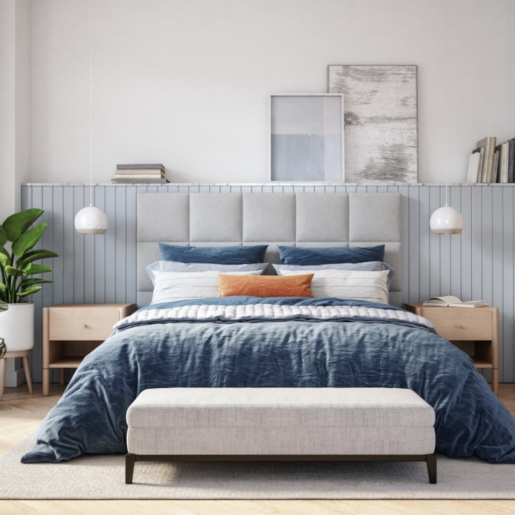 Master bedroom with gray and blue color palette