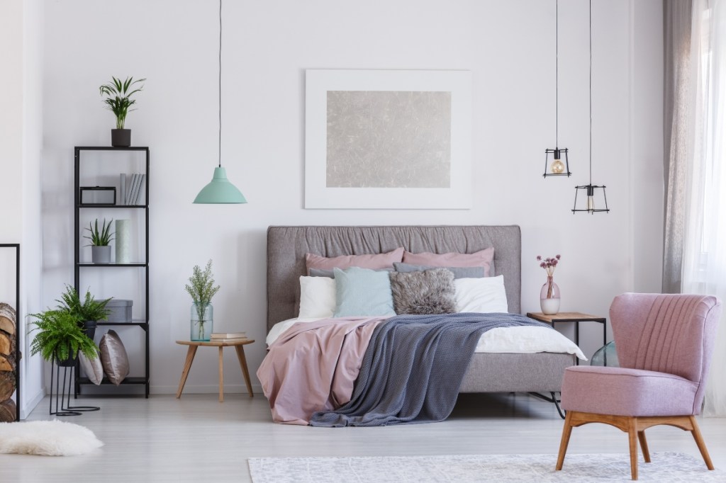 midcentury modern pink and grey bedroom design