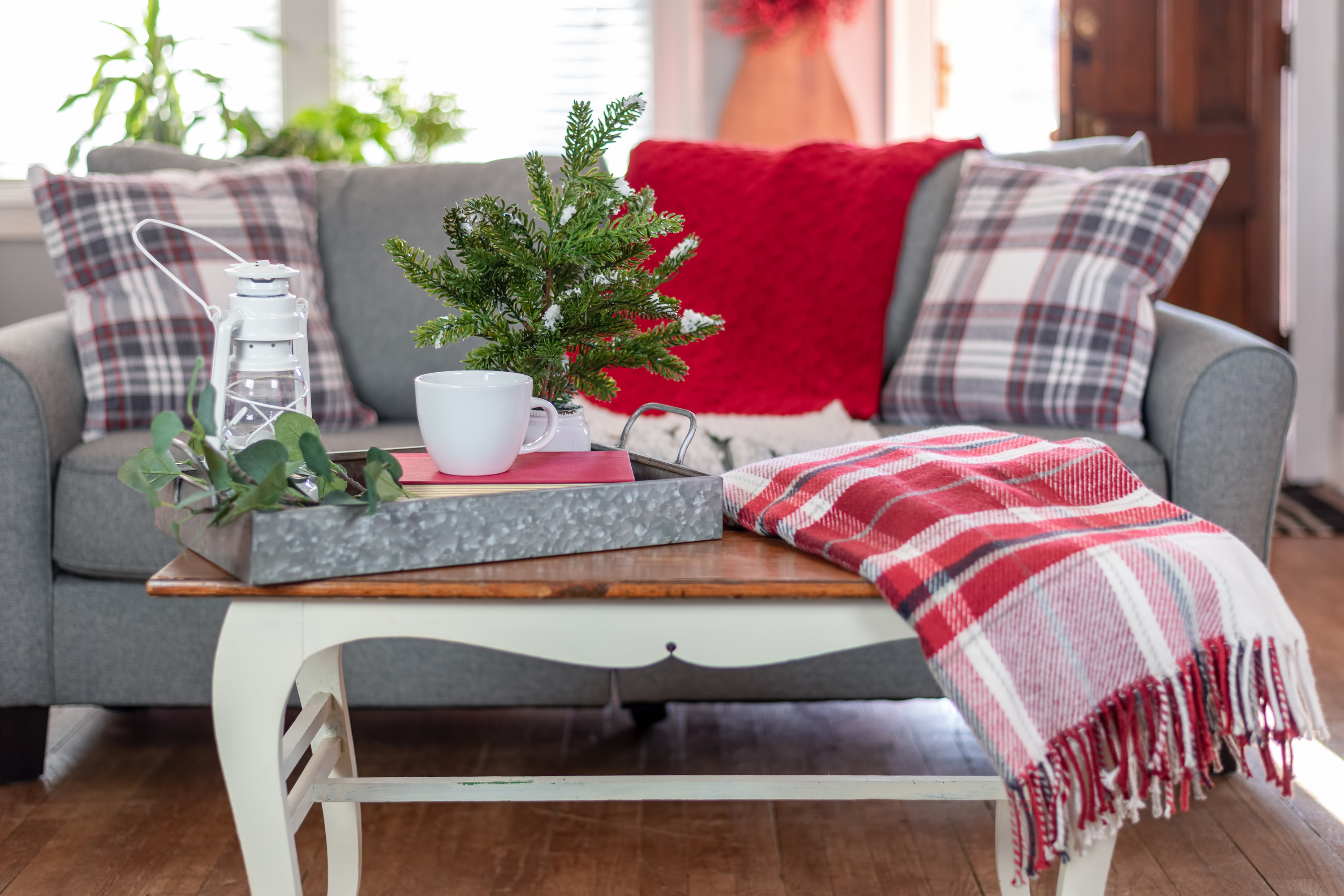 plaid textiles on farmhouse sofa