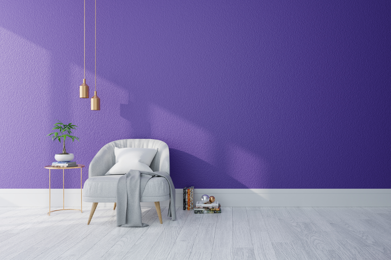 Living room with purple walls..