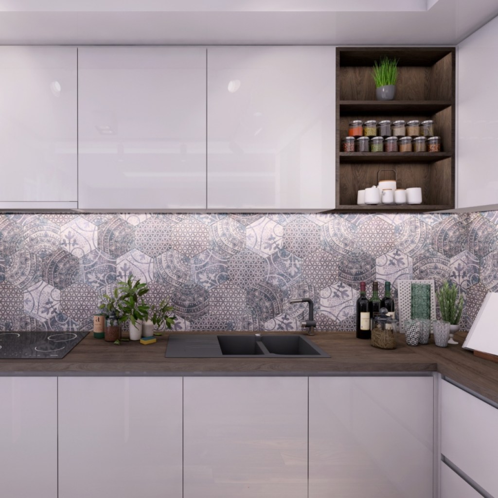 small modern white kitchen in basement