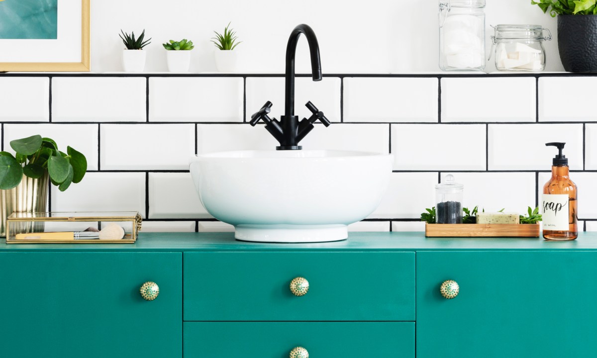 Bathroom with aqua vanity