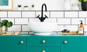 Bathroom with aqua vanity