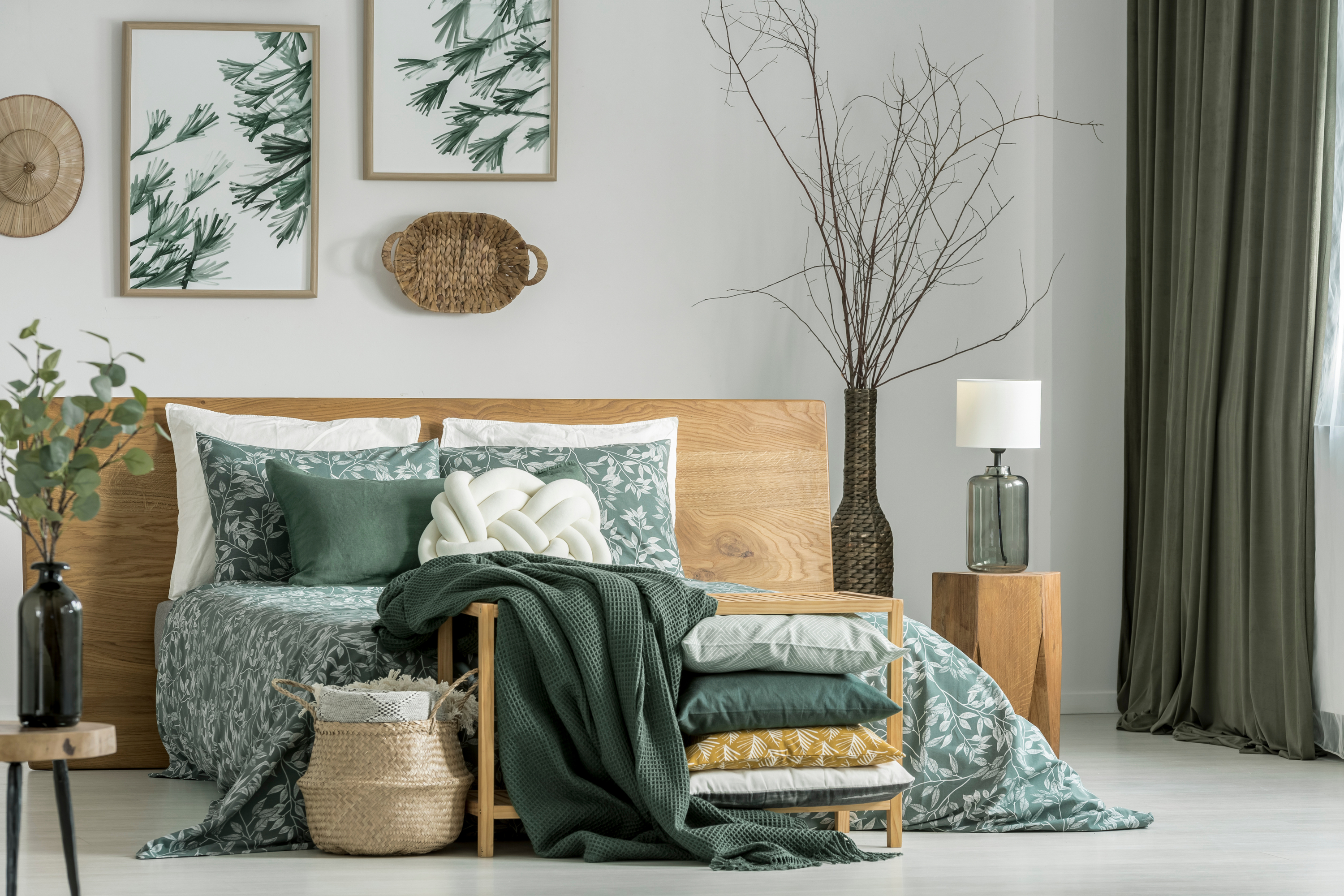 Bedroom with green biophilic plant design