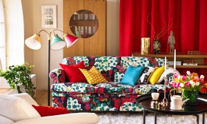maximalism design with patterned couch in living room