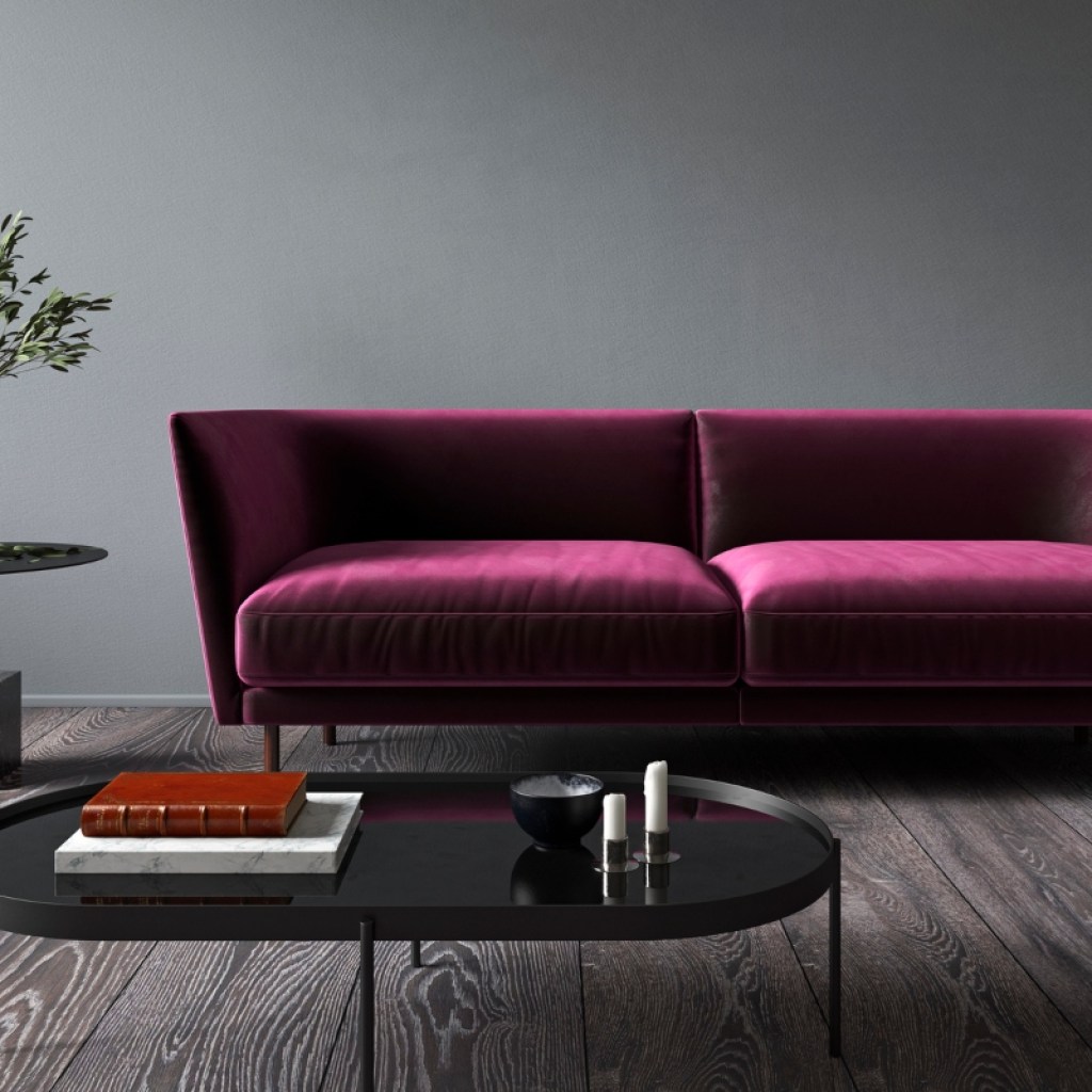 purple jewel toned couch in modern living room design