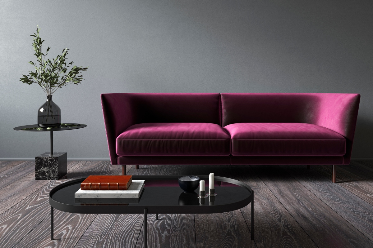purple jewel toned couch in modern living room design