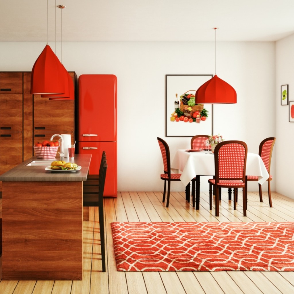 red decor accents in kitchen and dining space