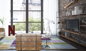 rustic and industrial living room with metal and wood tv console