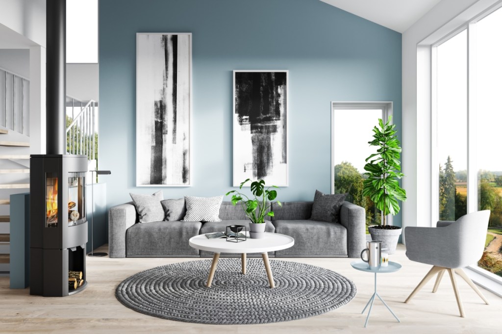 slate blue walls and grey modern living room design