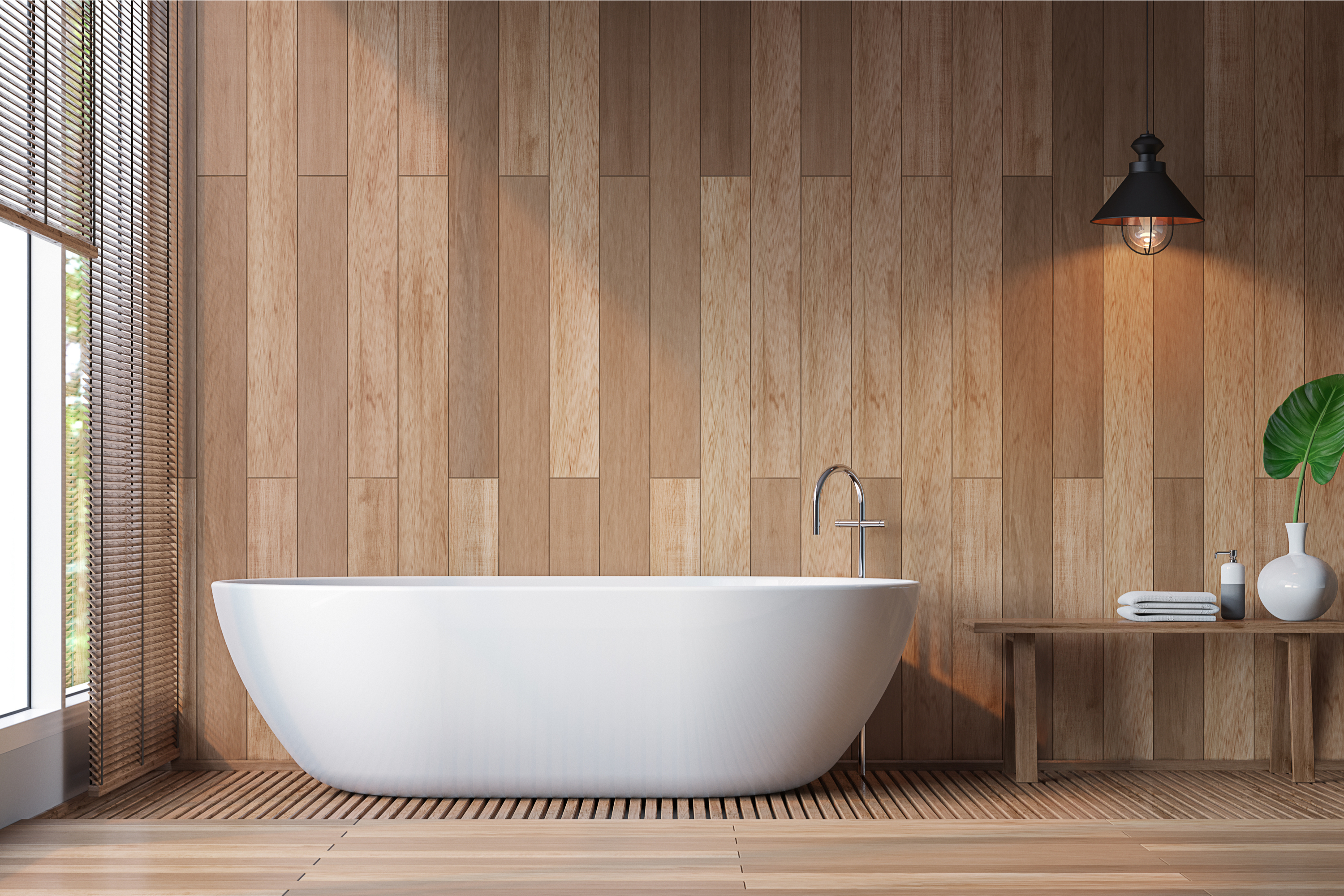 Wood paneling walls in bathroom