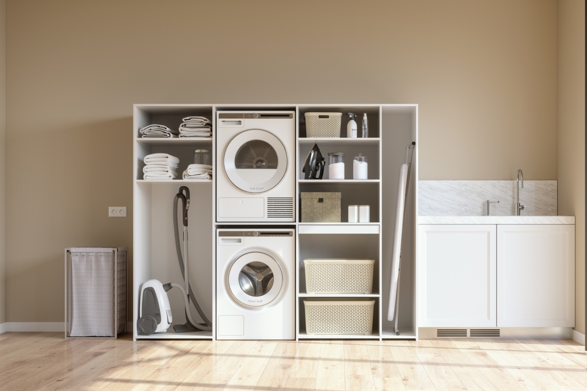 Beige modern and minimal laundry room