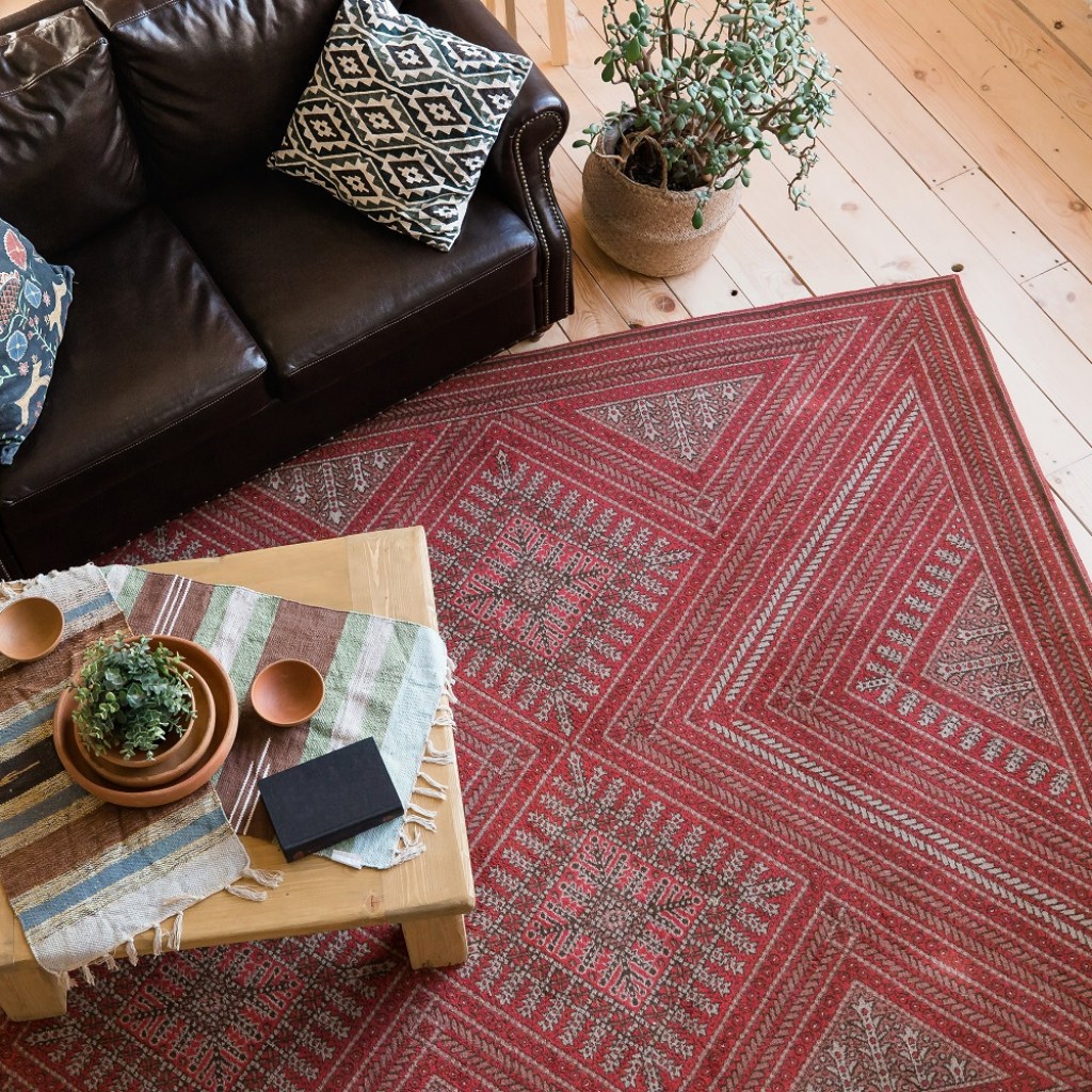 Modern living room with leather sofa and large red rug