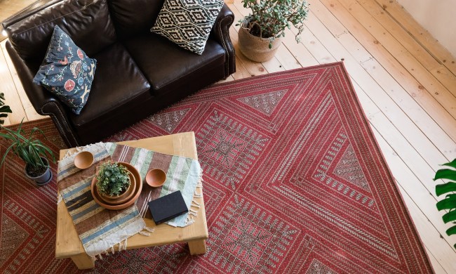 Modern living room with leather sofa and large red rug