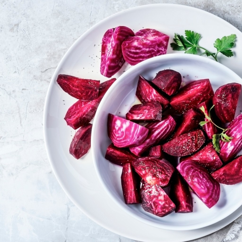 cut beetroot chunks in a white dish