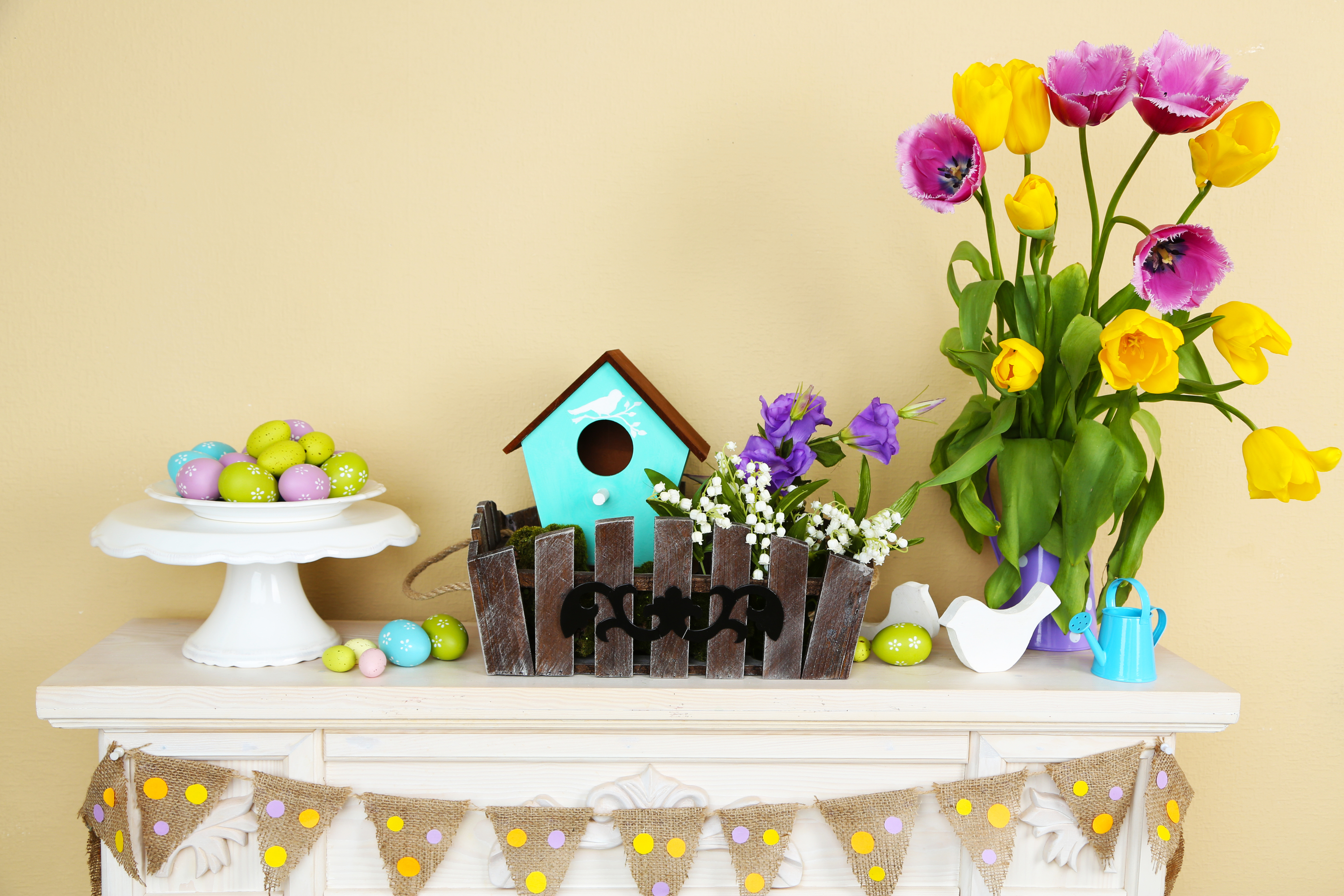 Easter decorations on a mantle.