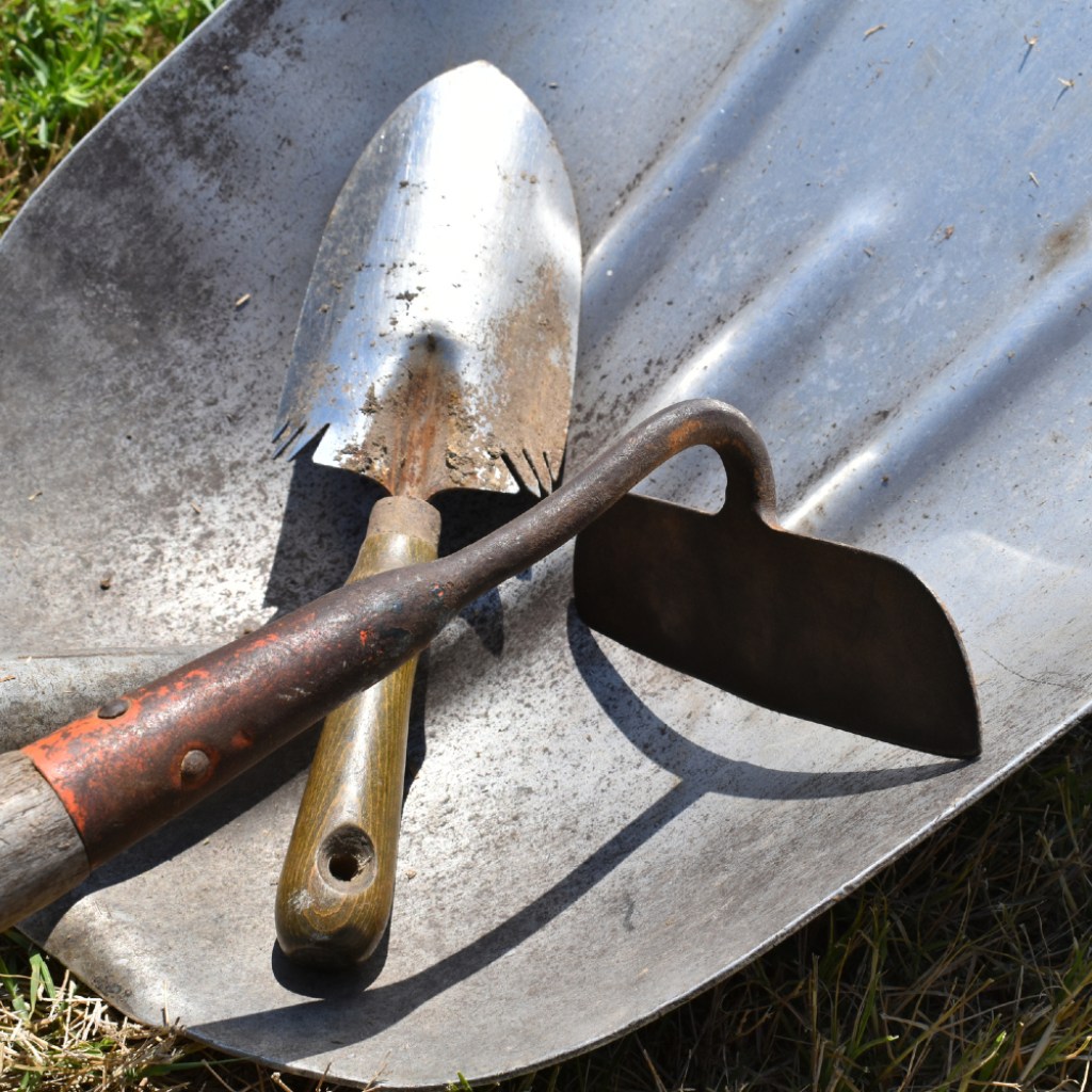 Dirty garden tools in wheelbarrow.