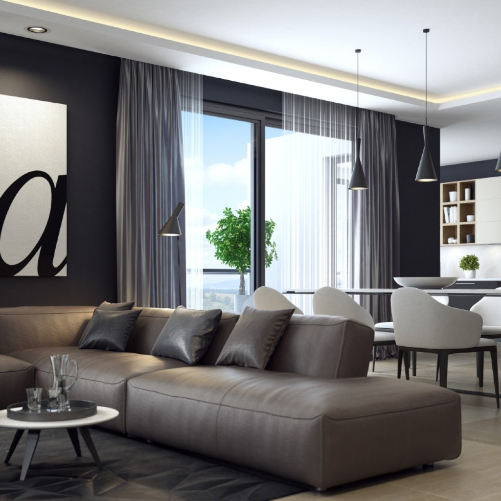 Gray monochrome living and dining room