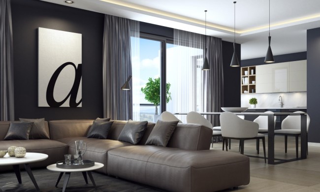 Gray monochrome living and dining room