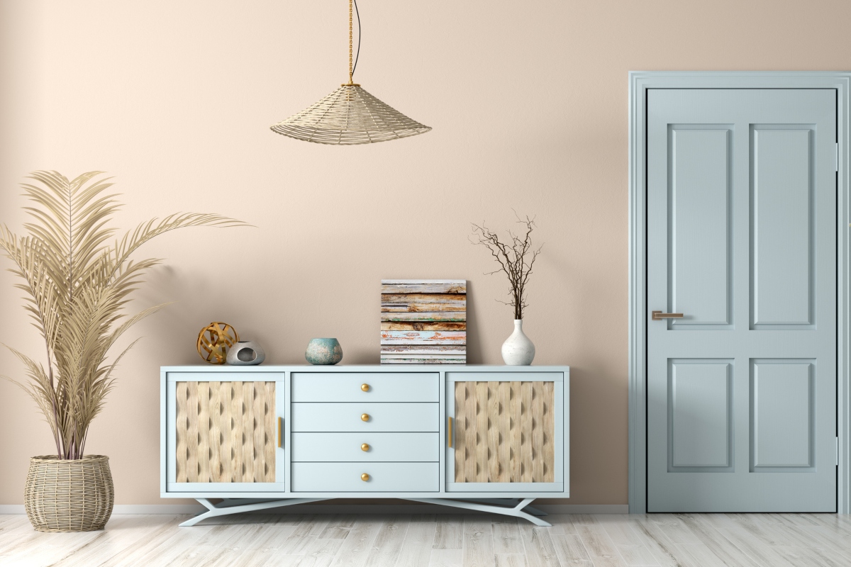 modern living space with peach beige wall color